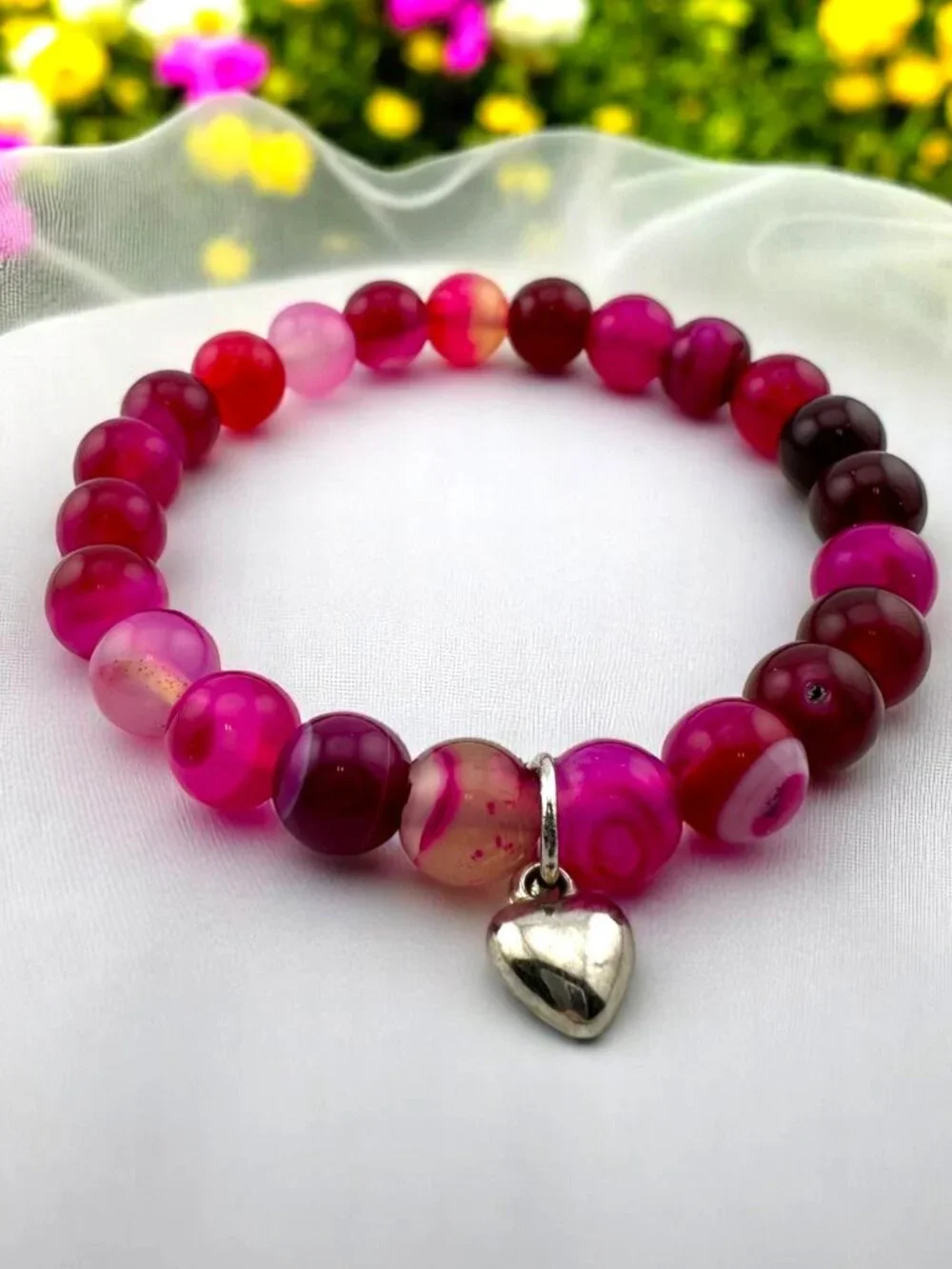 Pink Banded Agate Heart Charm Stretch Bracelet | Fuchsia Beaded Jewelry